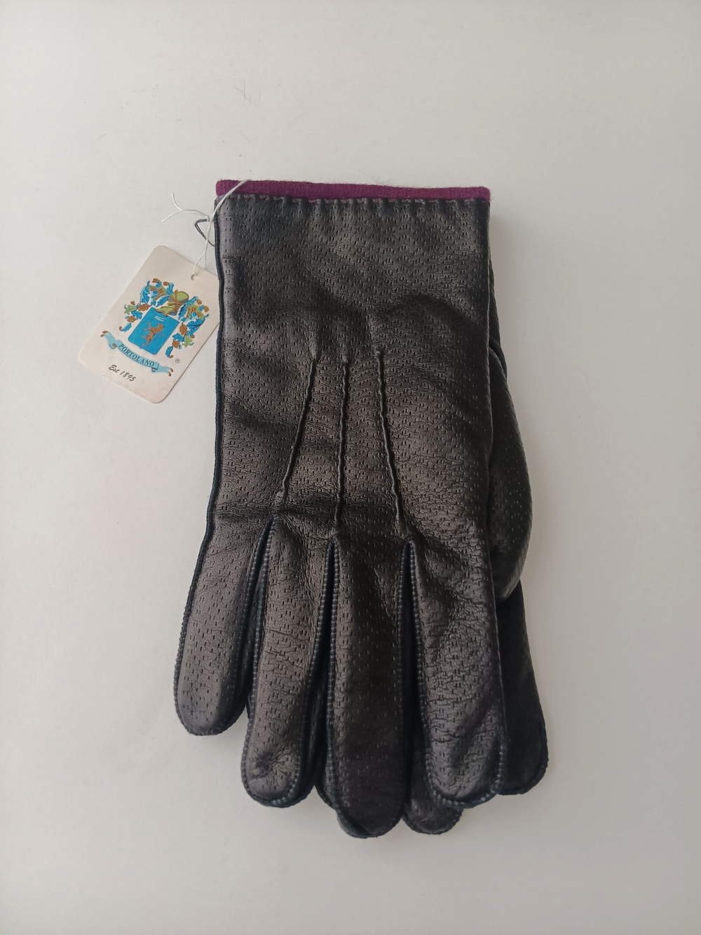 Portolano Black Leather Gloves with Purple Trim Size M